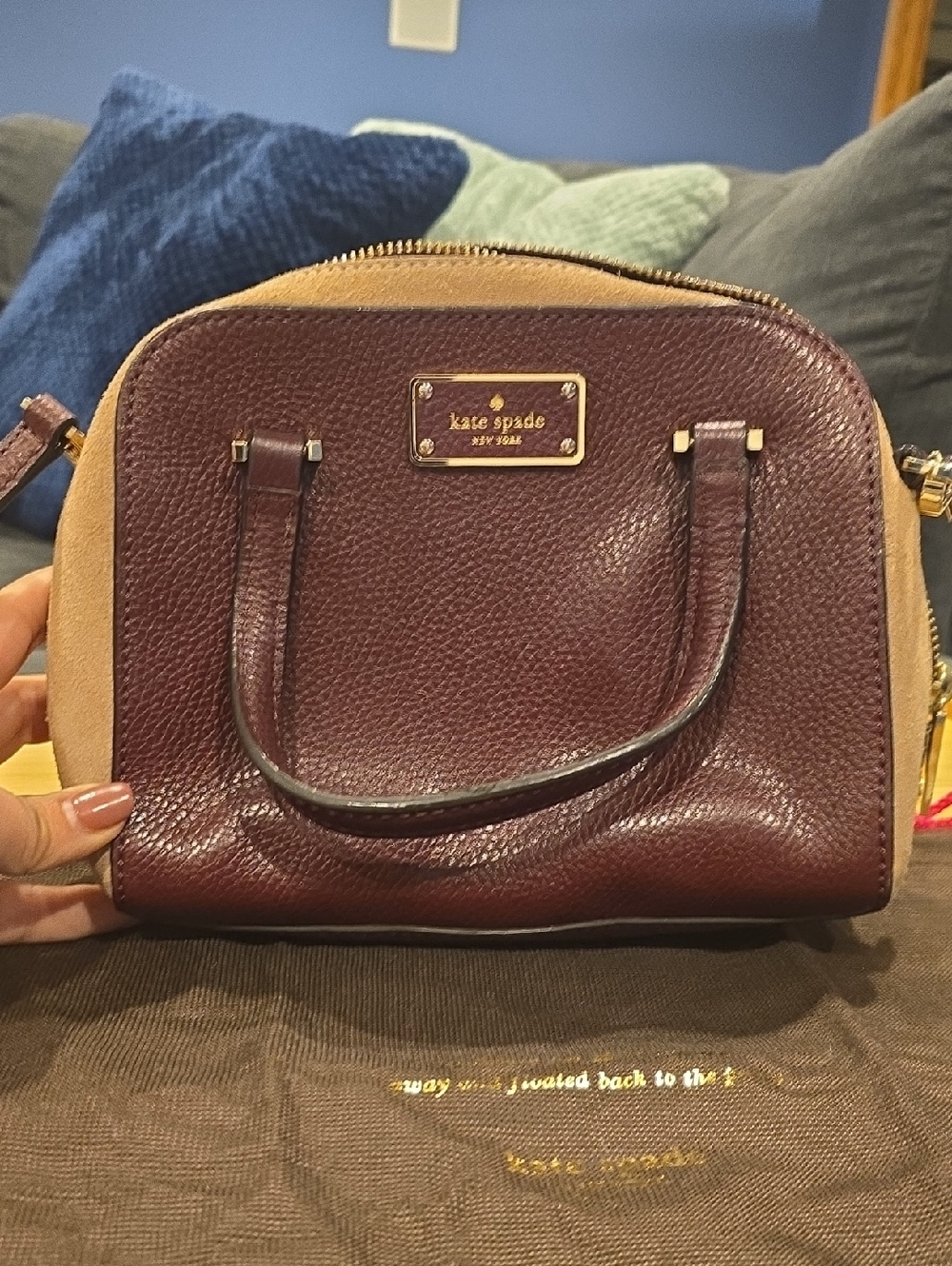 kate spade Two-Tone Burgundy and Tan Dome Satchel/ Gold Hardware. Dust Bag INCD
